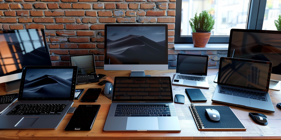 Des PC et portables posés sur une table