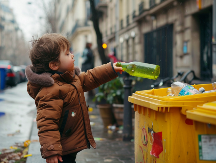 Un enfant tri une bouteille de plastique dans une poubelle