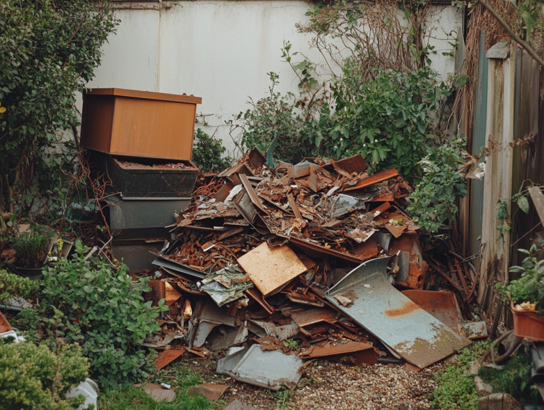 De la ferraille à recycler dans le jardin d'une maison