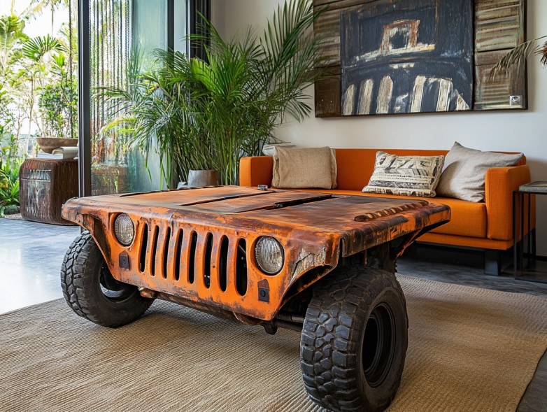 Un Jeep recyclée en table de salon