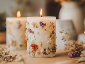 Bougie décorée avec des fleurs sèchées