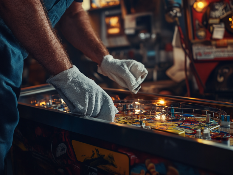 Un homme nettoie un flipper avec des gants et du produit ménager